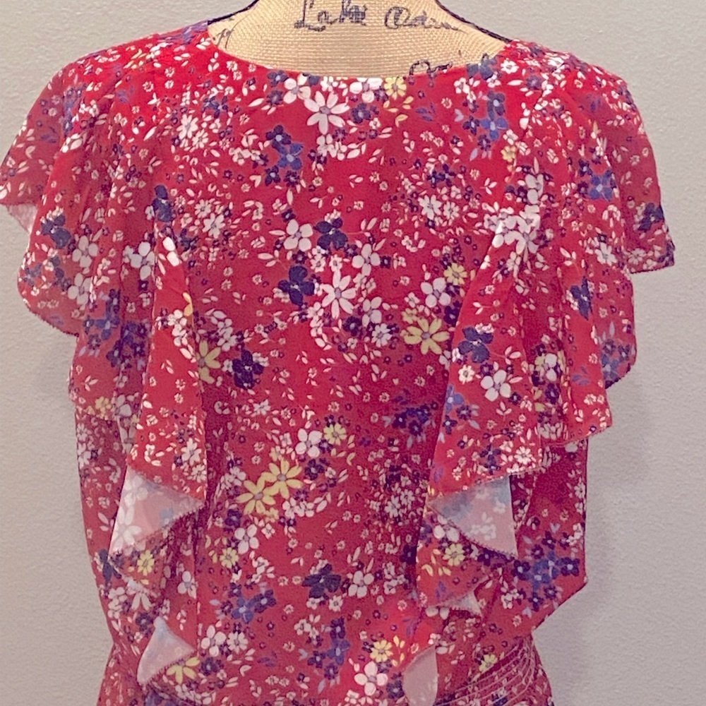 Parker Red Scilla Floral Ruffle Smocked Waist Mini Dress M NWT - Picture 9 of 11